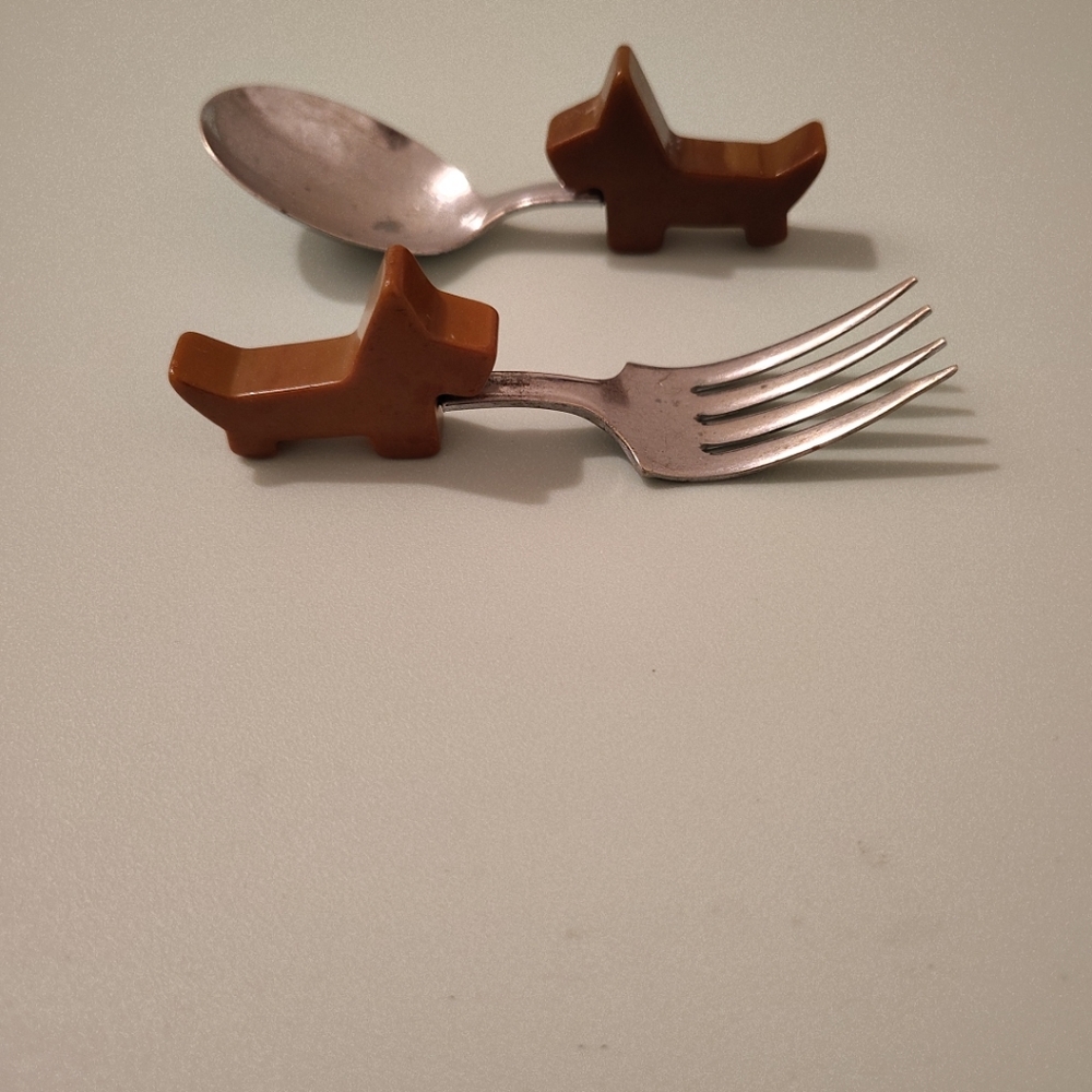 Vintage 1940's Bakelite Scottie Dog Child's Fork & Spoon Set
